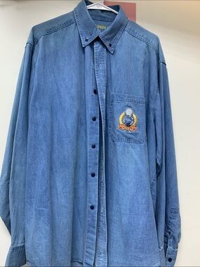 Men's Blue Denim Button-Down Shirt with Embroidered Crest